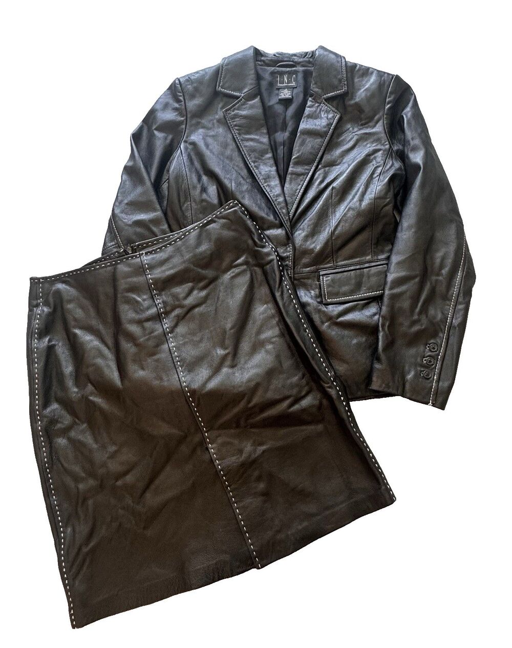 Vintage INC International Concepts Leather Blazer Skirt Suit Set 10/8 Y2K 2000s